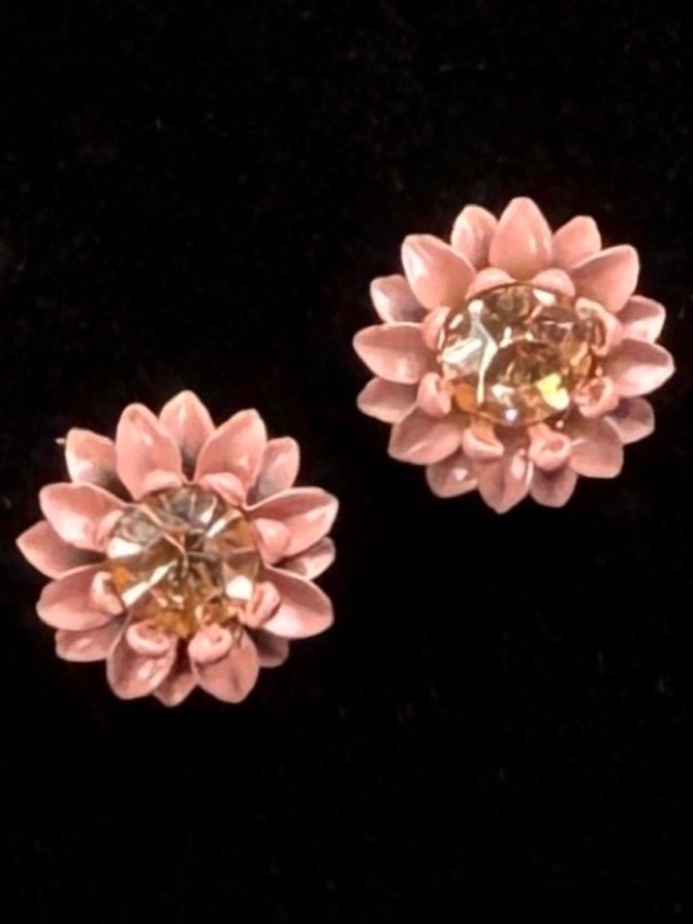 Vintage 3D Floral Pink Crystal Stud Pierced Earrings
